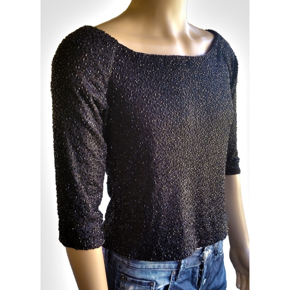 VTG Brilliante JA Womens Beaded Top SZ PXL Black - Picture 3 of 8
